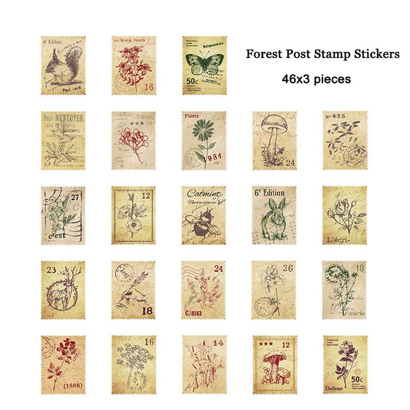 EORTA 138 Pcs/3 Sets Post Stamp Stickers Retro Cute Plants/Animals Decorative Sticker Square Adhesive Sticker Envelope/Bag Seal by EORTA for Diary Planner Bottles Scrapbook DIY Craft Gift, Forest Theme - Image 2